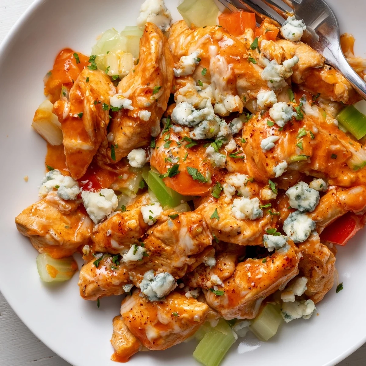 Keto Buffalo Chicken Skillet vibrant orange sauce coating browned chicken, celery crunch  