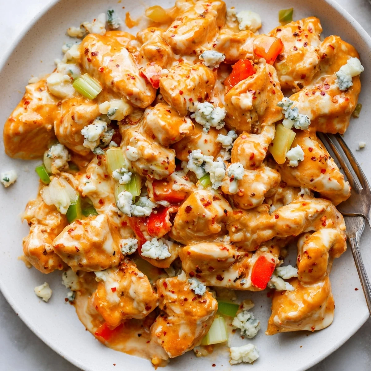 Keto Buffalo Chicken Skillet topped with crumbled blue cheese, served over cauliflower rice