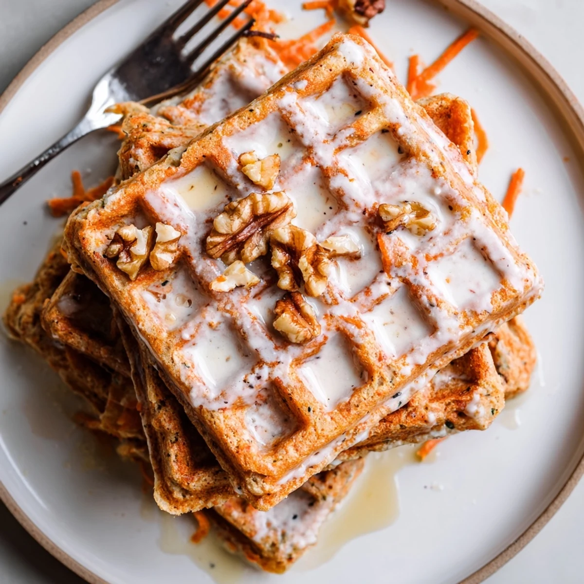 Carrot Cake Waffles steaming on plate, warm spices and cream cheese glaze
