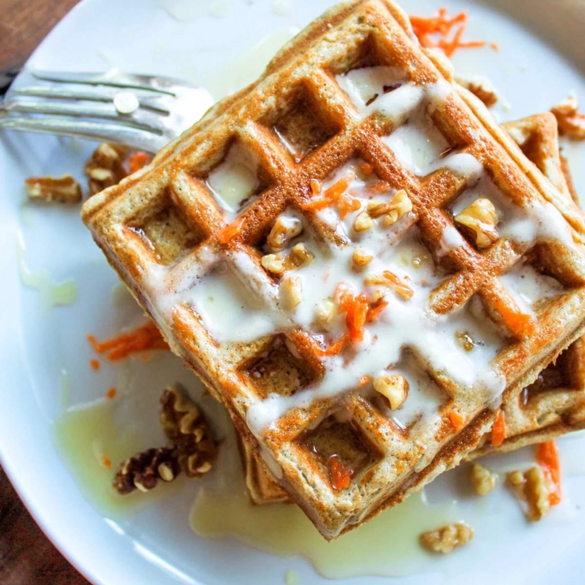 Golden Carrot Cake Waffles stacked with maple syrup, crunchy nuts visible