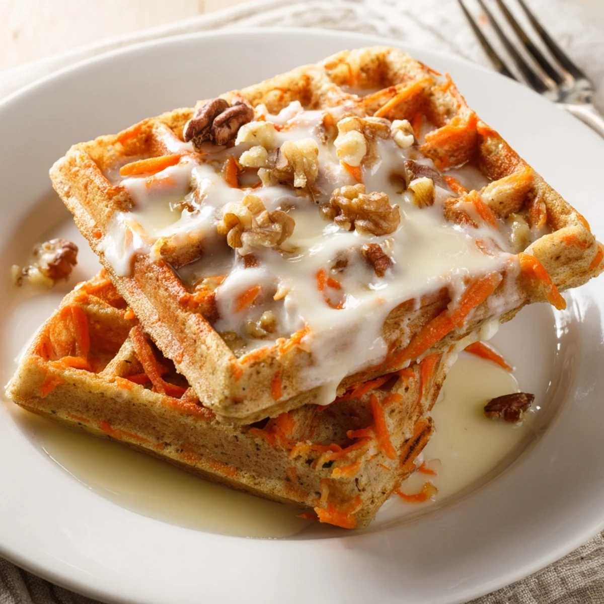 Crispy-edged Carrot Cake Waffles topped with whipped cream and grated carrots