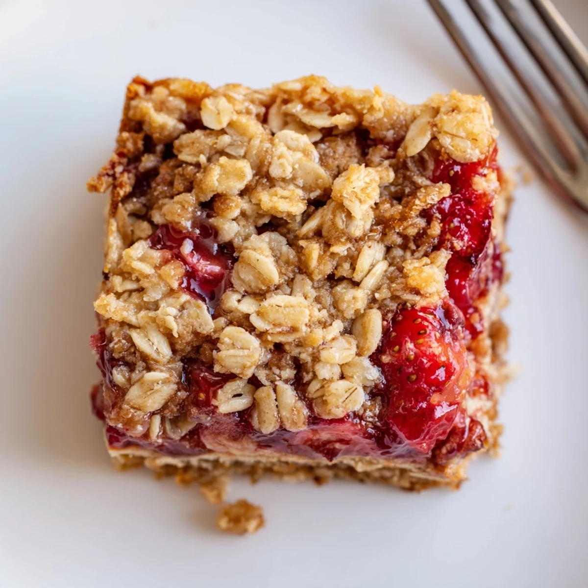 Strawberry Oatmeal Crumble Bars cooling in pan, golden crumble, berry filling bubbling