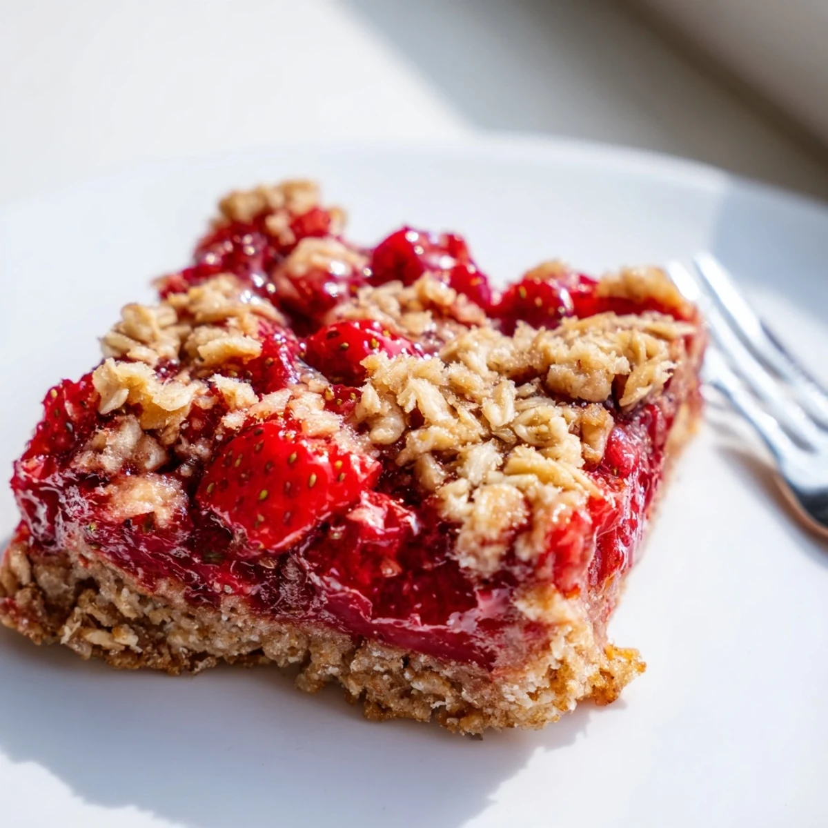 Warm Strawberry Oatmeal Crumble Bars served with melting vanilla ice cream scoop