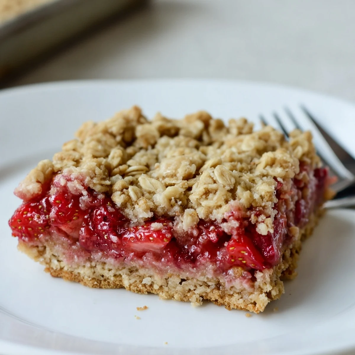 Close-up of Strawberry Oatmeal Crumble Bars showing buttery oat crumbs and juicy strawberries