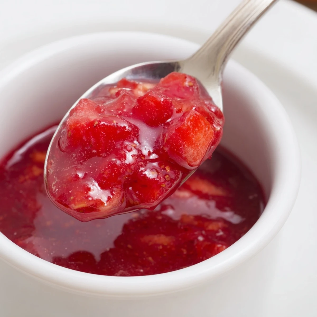 Strawberry Cake Filling Recipe: glossy ruby filling spooned onto warm cake layers.