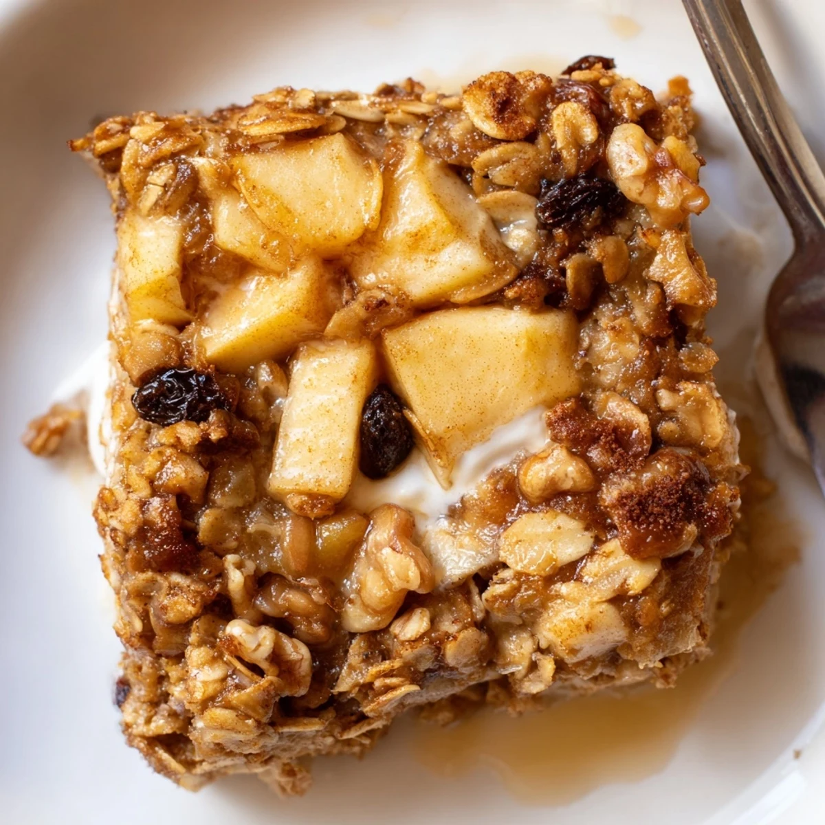 Delicious Apple Cinnamon Oatmeal Bake steaming in dish, golden apples visible.
