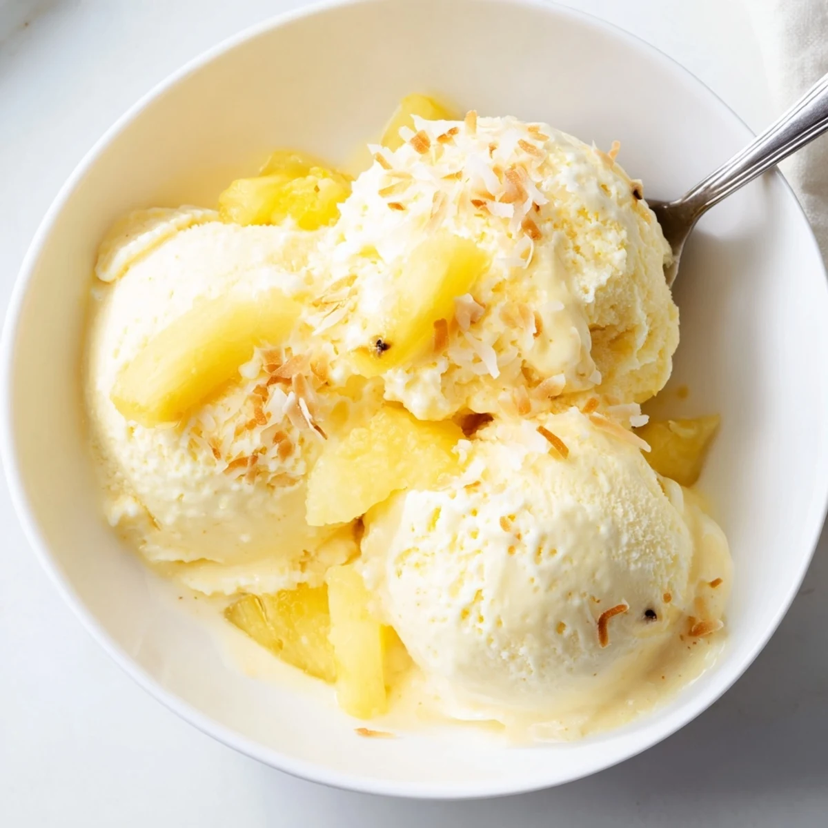 Homemade Creamy Pineapple Ice Cream in a bowl garnished with toasted coconut  