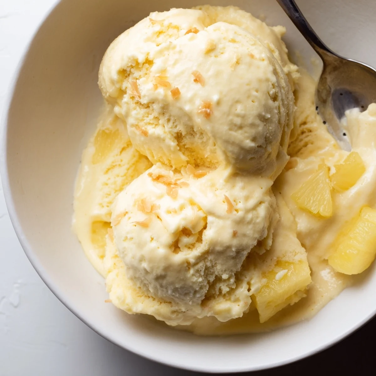 Spoonful of Creamy Pineapple Ice Cream beside lemon slice, chilled summer dessert