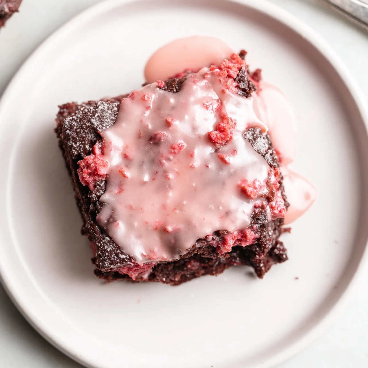 Fudgy strawberry brownies glazed with pink strawberry icing, cooling on parchment.