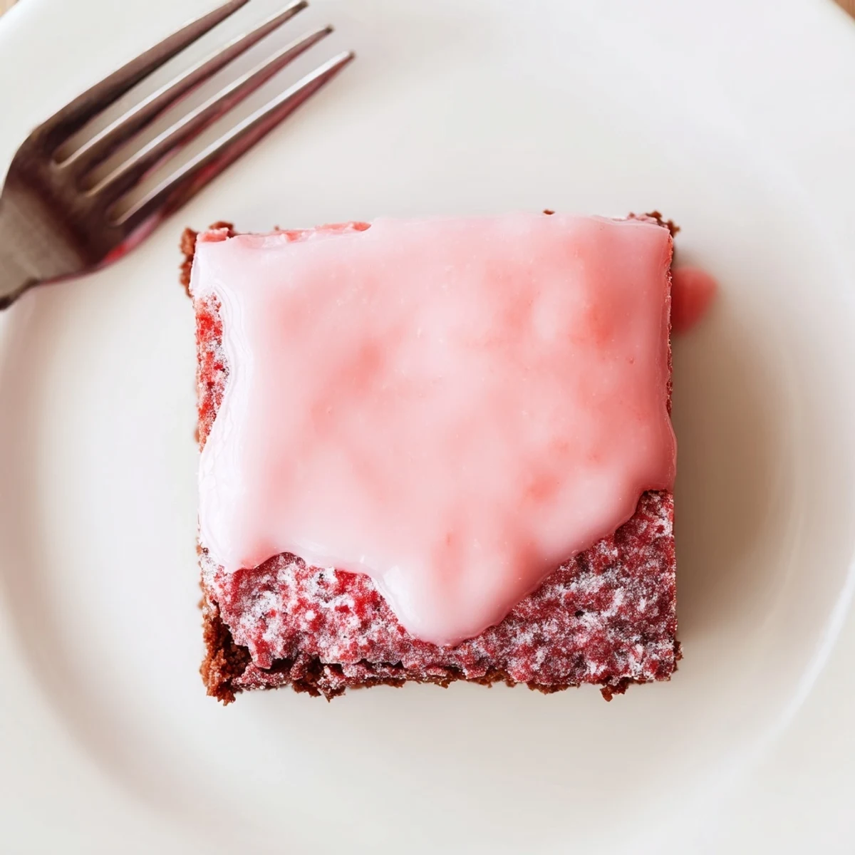 A stack of chilled strawberry brownies showing moist crumb and glossy glaze.