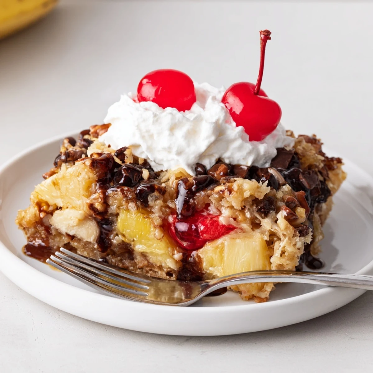 Golden Banana Split Dump Cake bubbling in dish, sliced bananas and cherries.