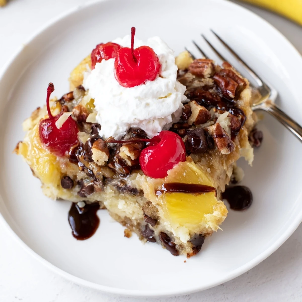 Family size Banana Split Dump Cake sliced, ready to serve with ice cream.