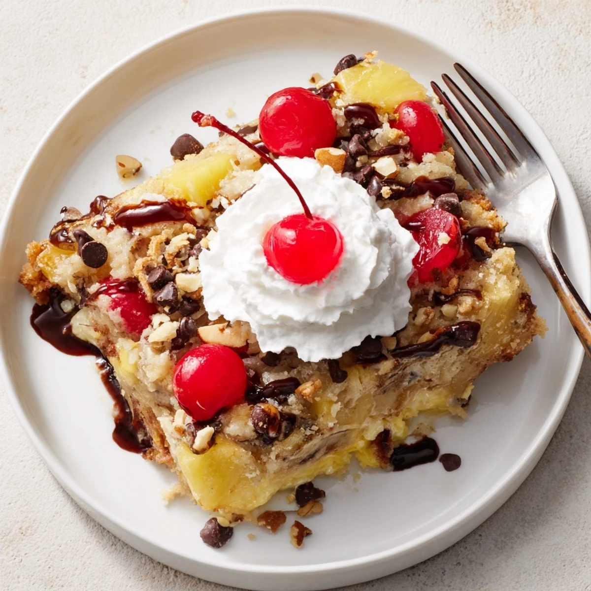 Warm Banana Split Dump Cake topped with whipped cream and chocolate drizzle.
