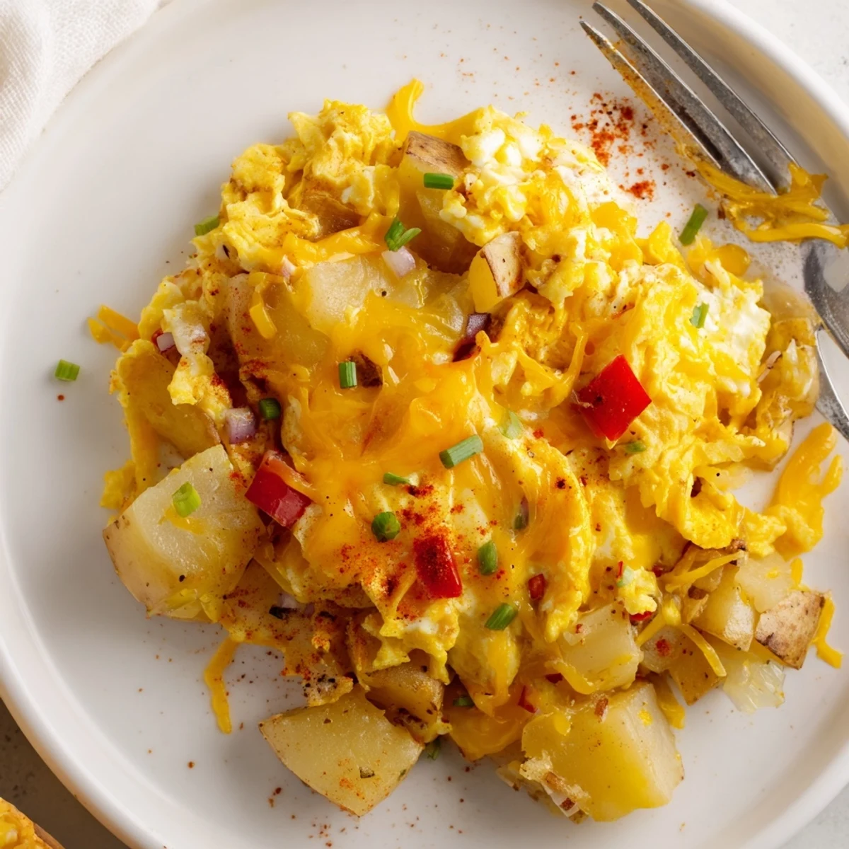 Cheesy Potato Egg Scramble with melty cheddar, golden potatoes and fluffy eggs