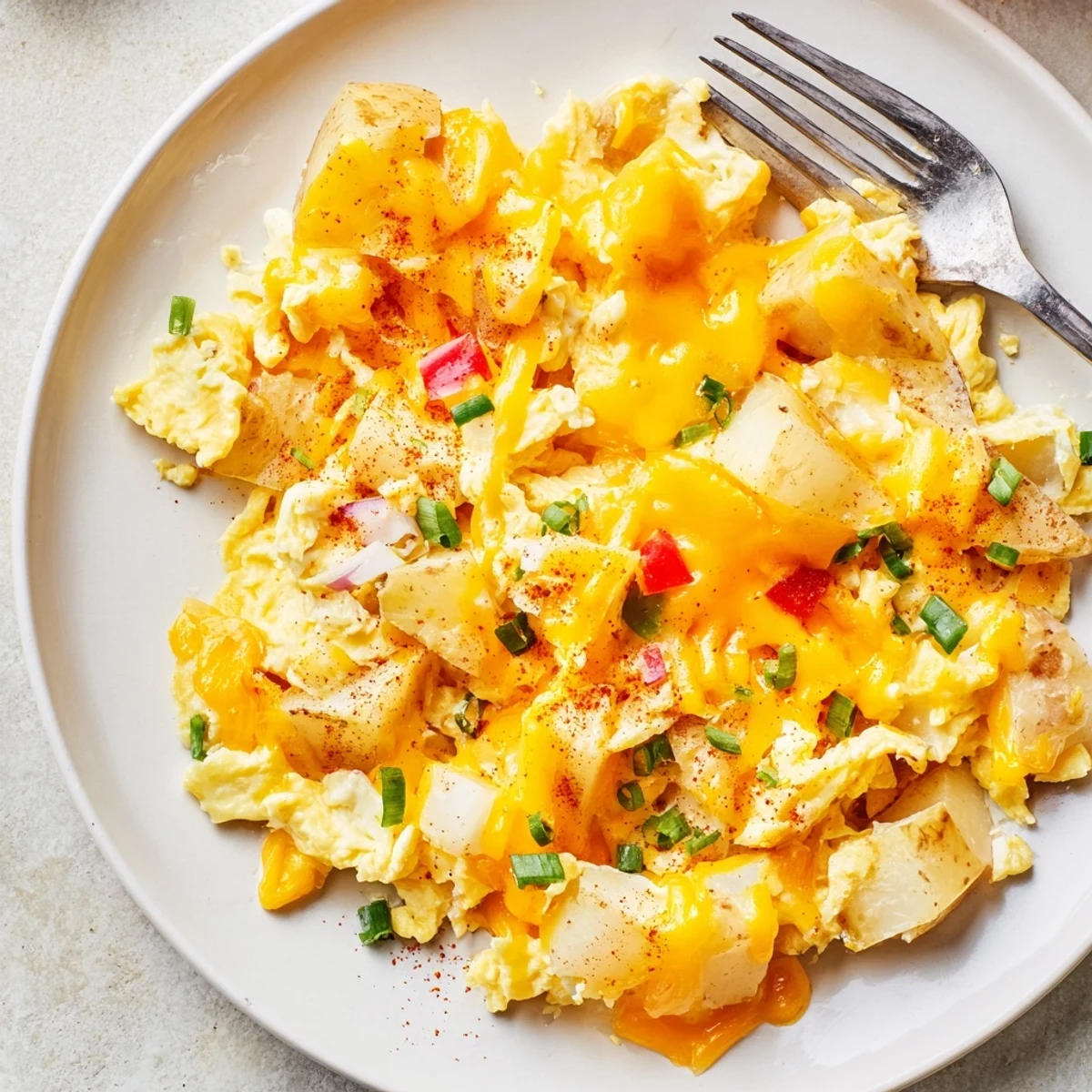 A plate of Cheesy Potato Egg Scramble steaming, seasoned with smoked paprika