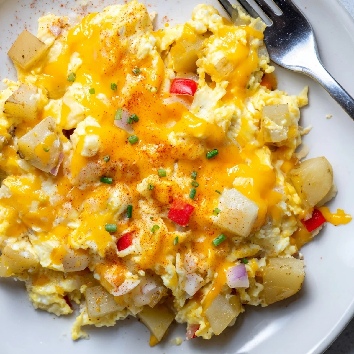 Forkful of Cheesy Potato Egg Scramble, creamy eggs and crispy potato edges
