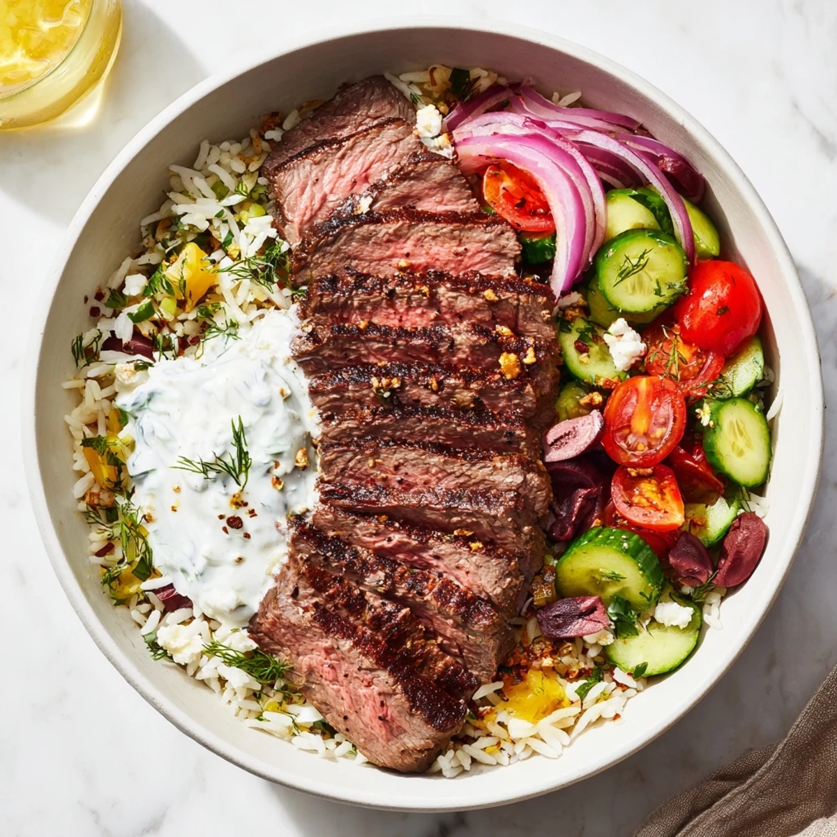 Juicy grilled steak over herby rice in a Mediterranean Steak Bowl