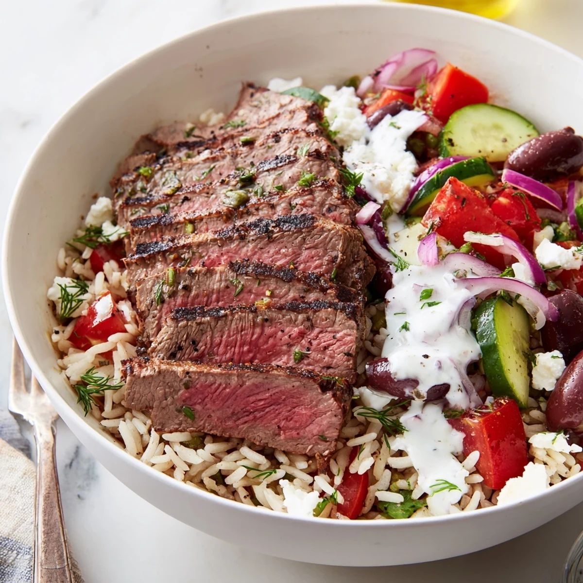 Colorful Mediterranean Steak Bowl drizzled with lemony yogurt sauce and feta