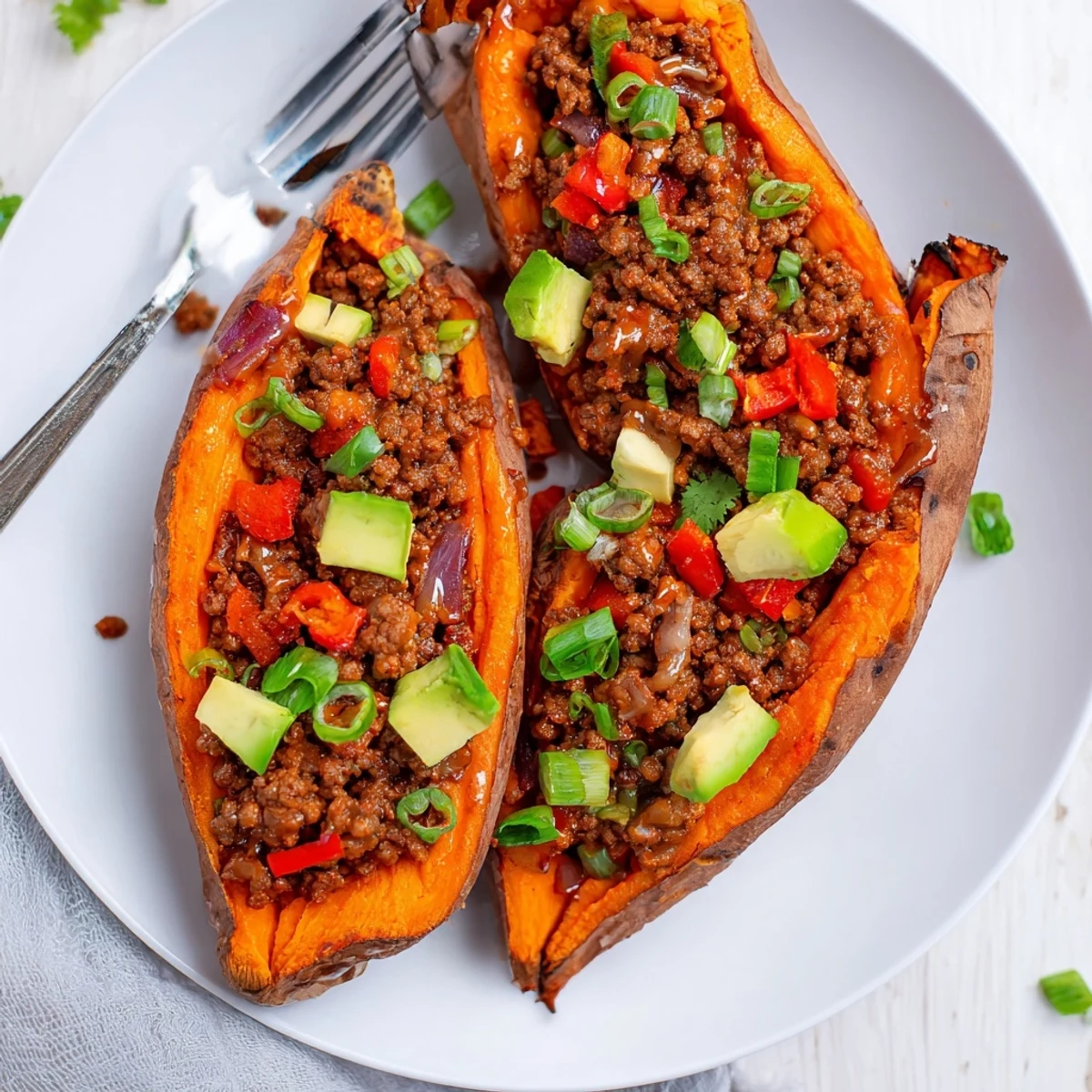 Hot Honey Ground Beef Sweet Potato Boats Healthy Weeknight Dinner, stuffed and steaming