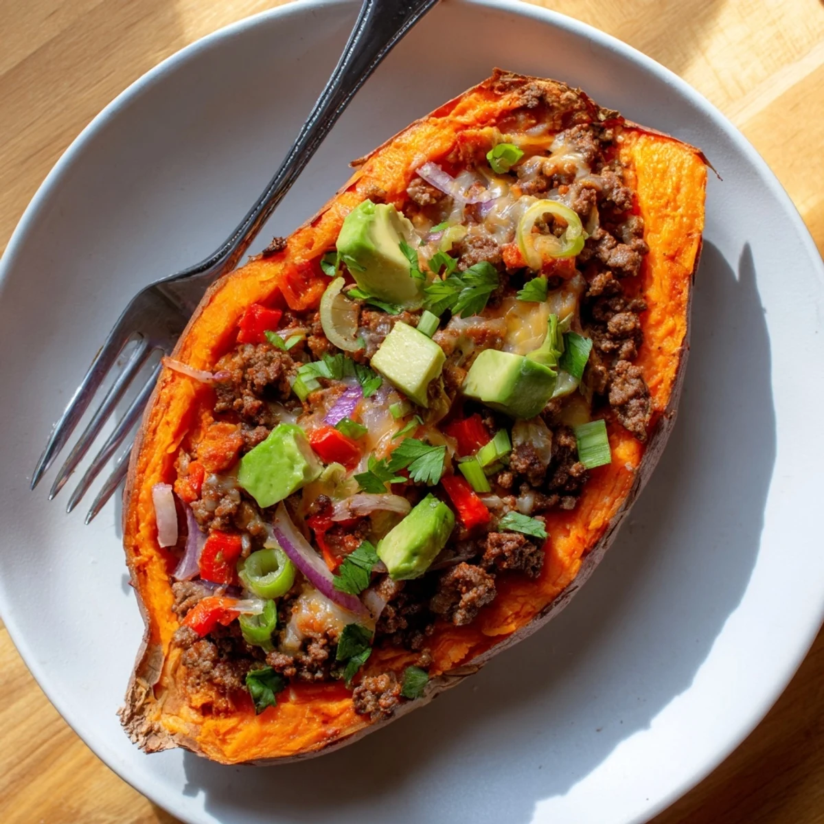 Warm Hot Honey Ground Beef Sweet Potato Boats Healthy Weeknight Dinner topped with avocado