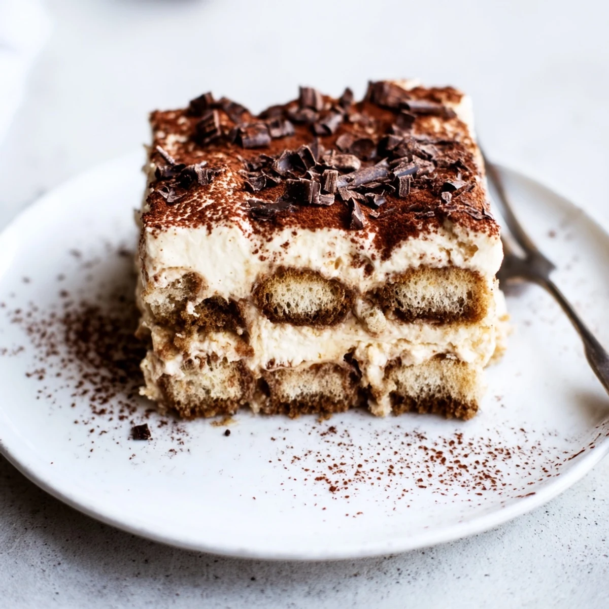 Classic Tiramisu recipe chilled for hours, topped with dark chocolate shavings.