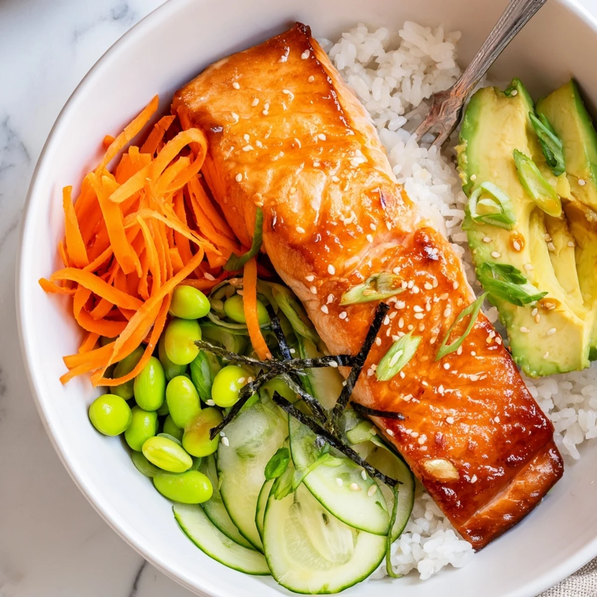 Crispy Salmon And Rice Bowl with crackling skin, fluffy rice, vibrant vegetables