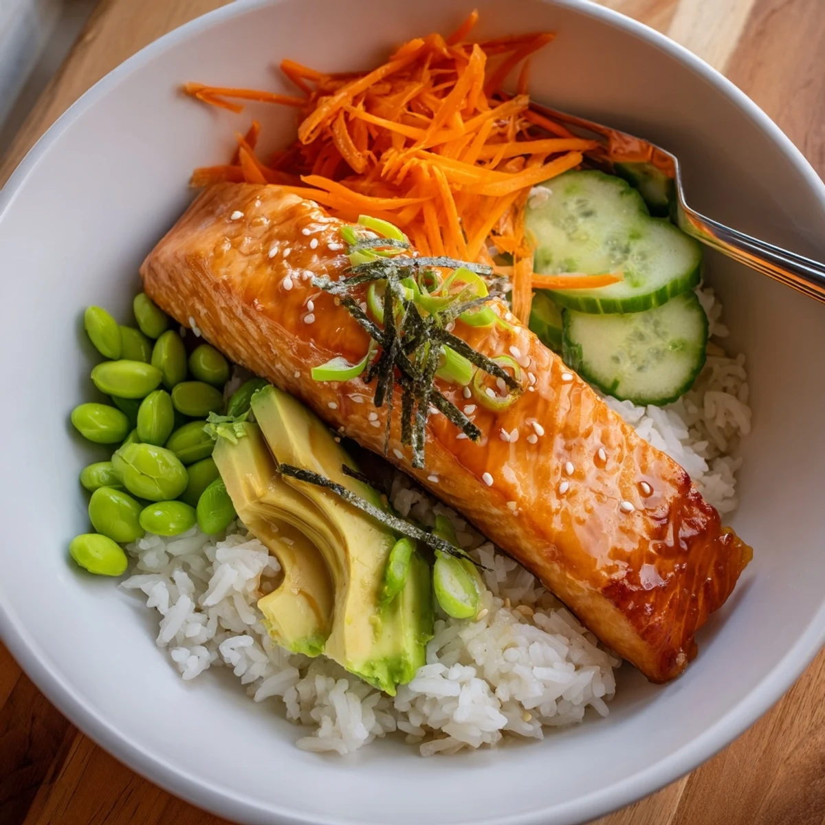 Crispy Salmon And Rice Bowl served warm with creamy avocado and scallions