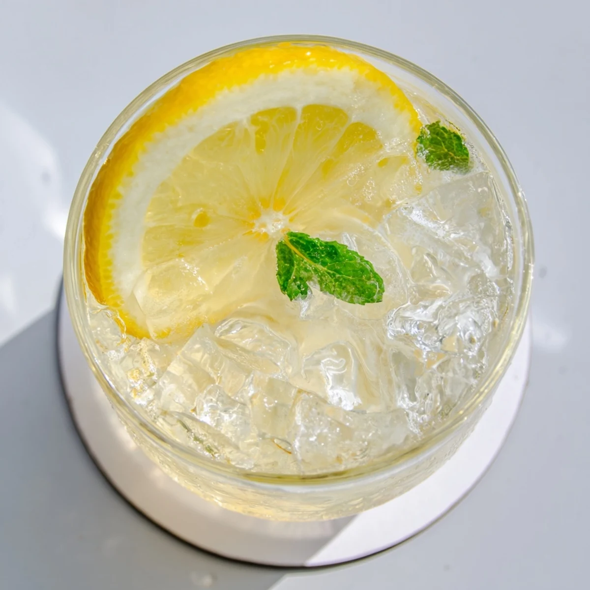 Bright yellow lemonade poured into glasses with floating lemon rounds and crushed ice