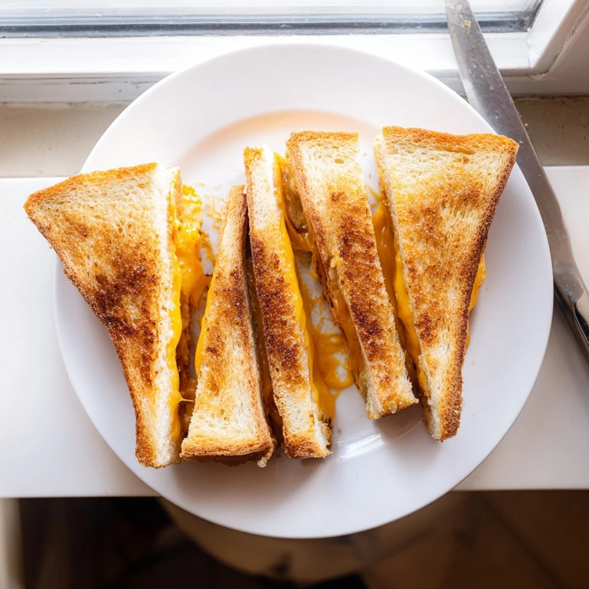 Golden brown grilled cheese sandwich with melted cheddar oozing from buttery toasted bread slices