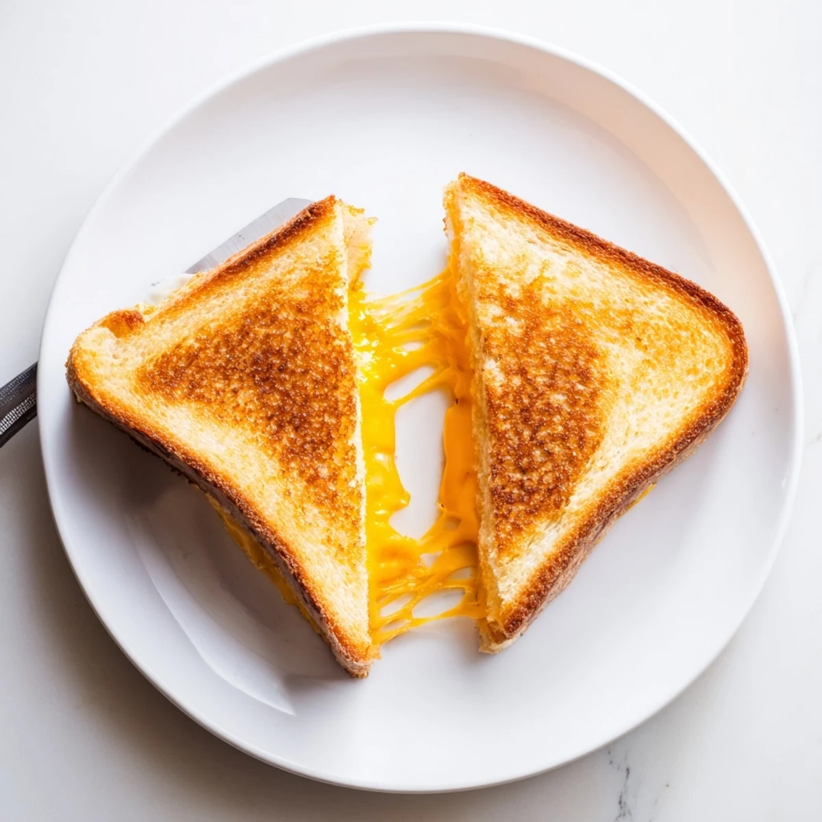 Crispy grilled cheese sandwich cut into triangles showing gooey melted cheese inside golden crust