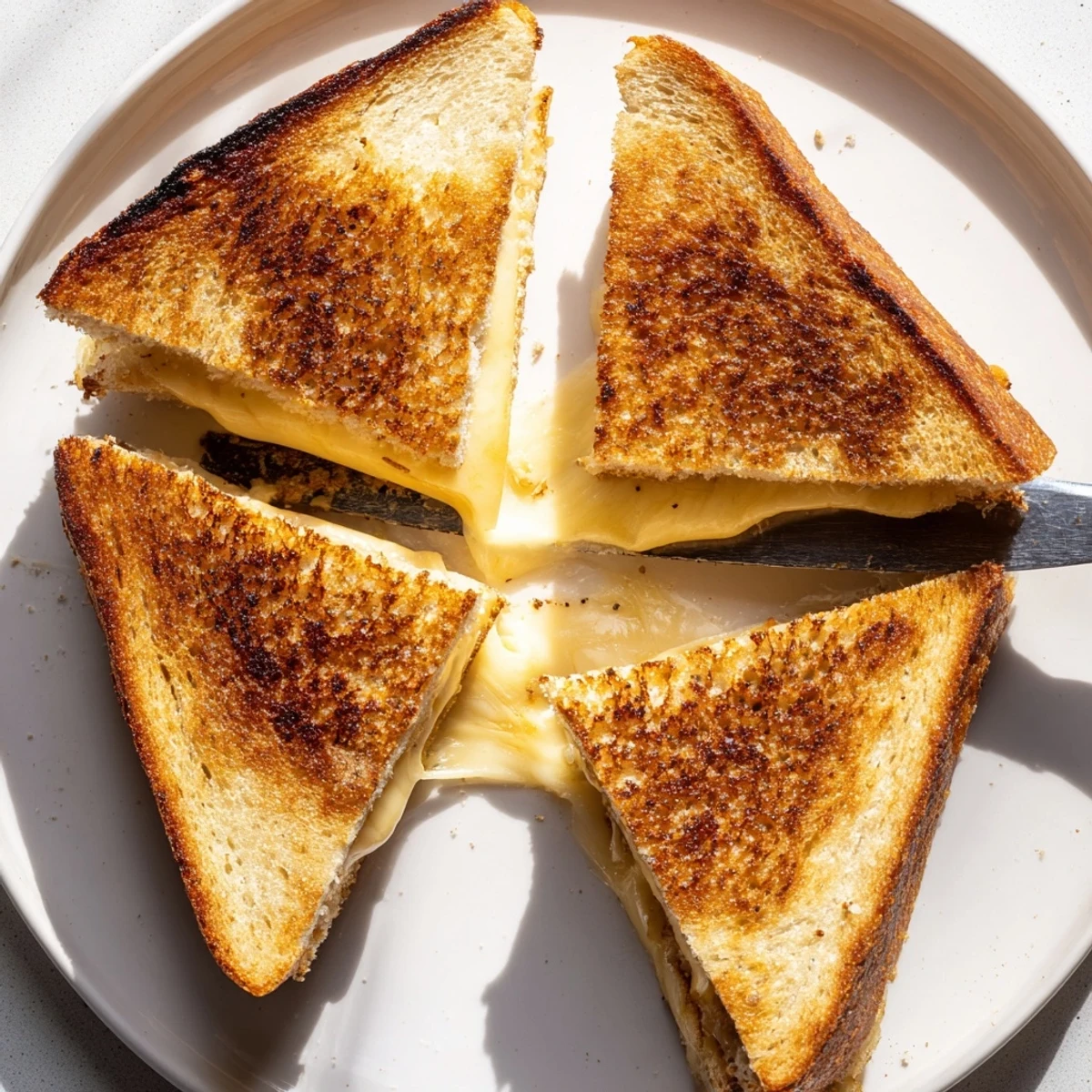 Classic grilled cheese sandwich fresh from the skillet with perfectly melted cheese and buttery exterior