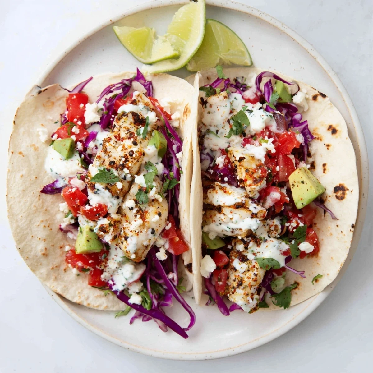 Zesty grilled fish tacos loaded with red cabbage avocado and tangy lime