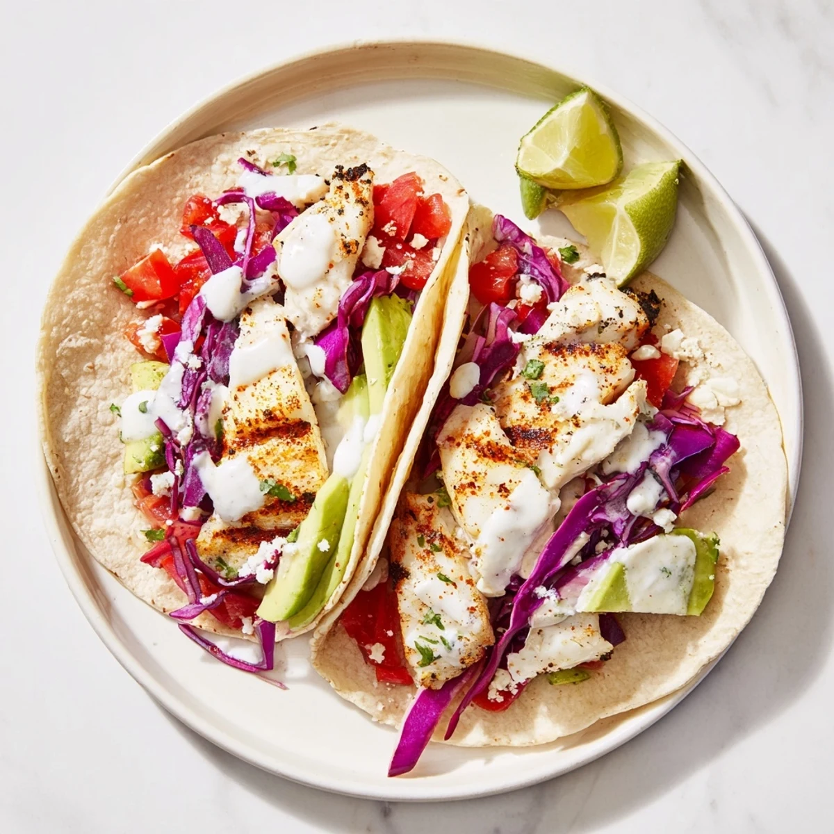 Flaky white fish tacos grilled to perfection with crisp vegetables and creamy sauce