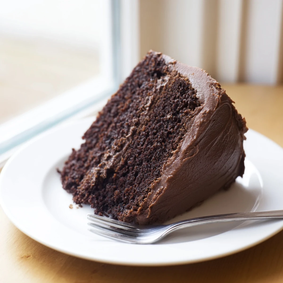 Moist chocolate cake with mayonnaise baked in round pan, ready for serving