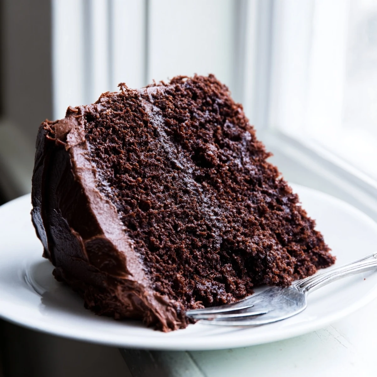 Rich chocolate mayonnaise cake with tender crumb, frosted and dusted with cocoa powder