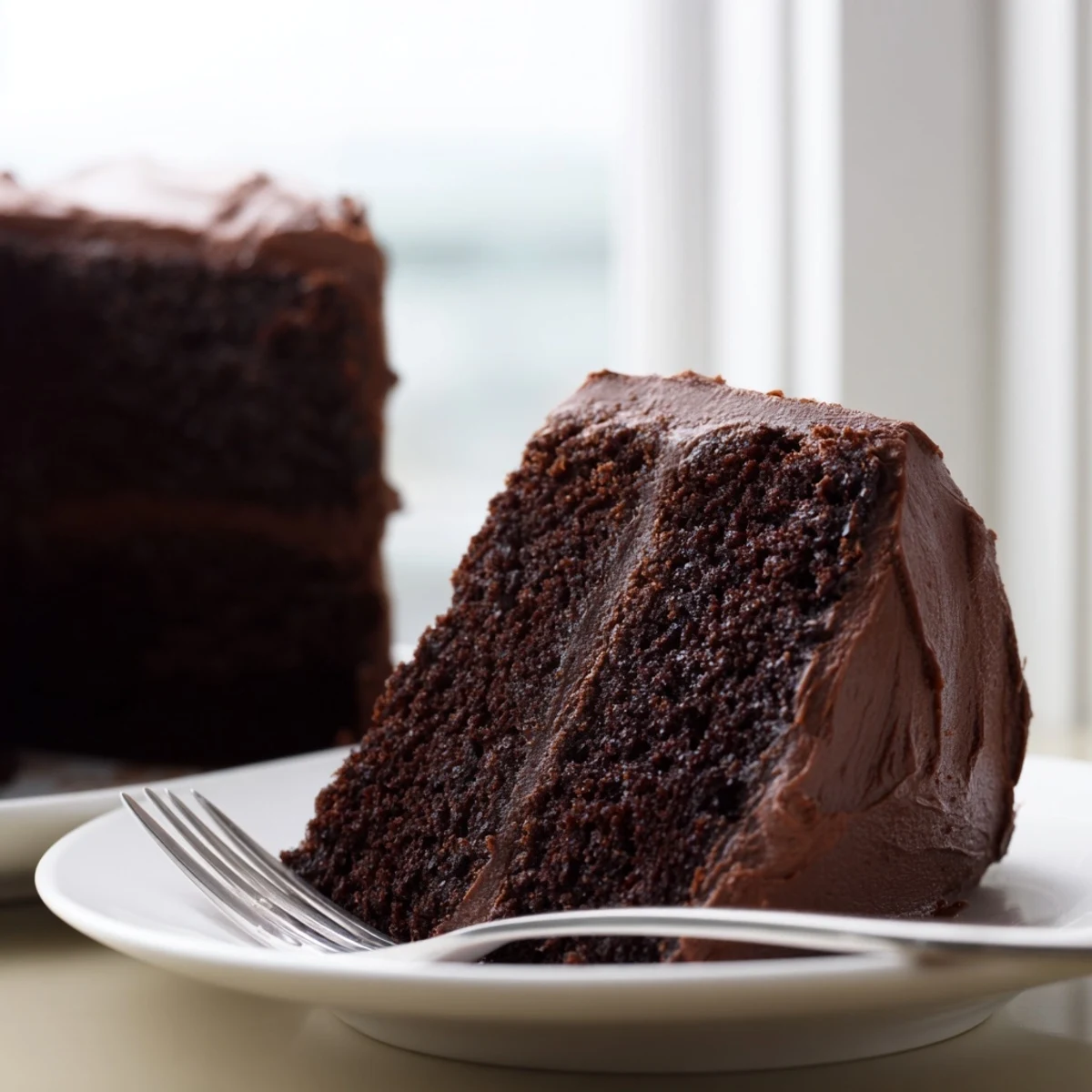 Homemade chocolate mayonnaise cake slice revealing soft interior on white dessert plate