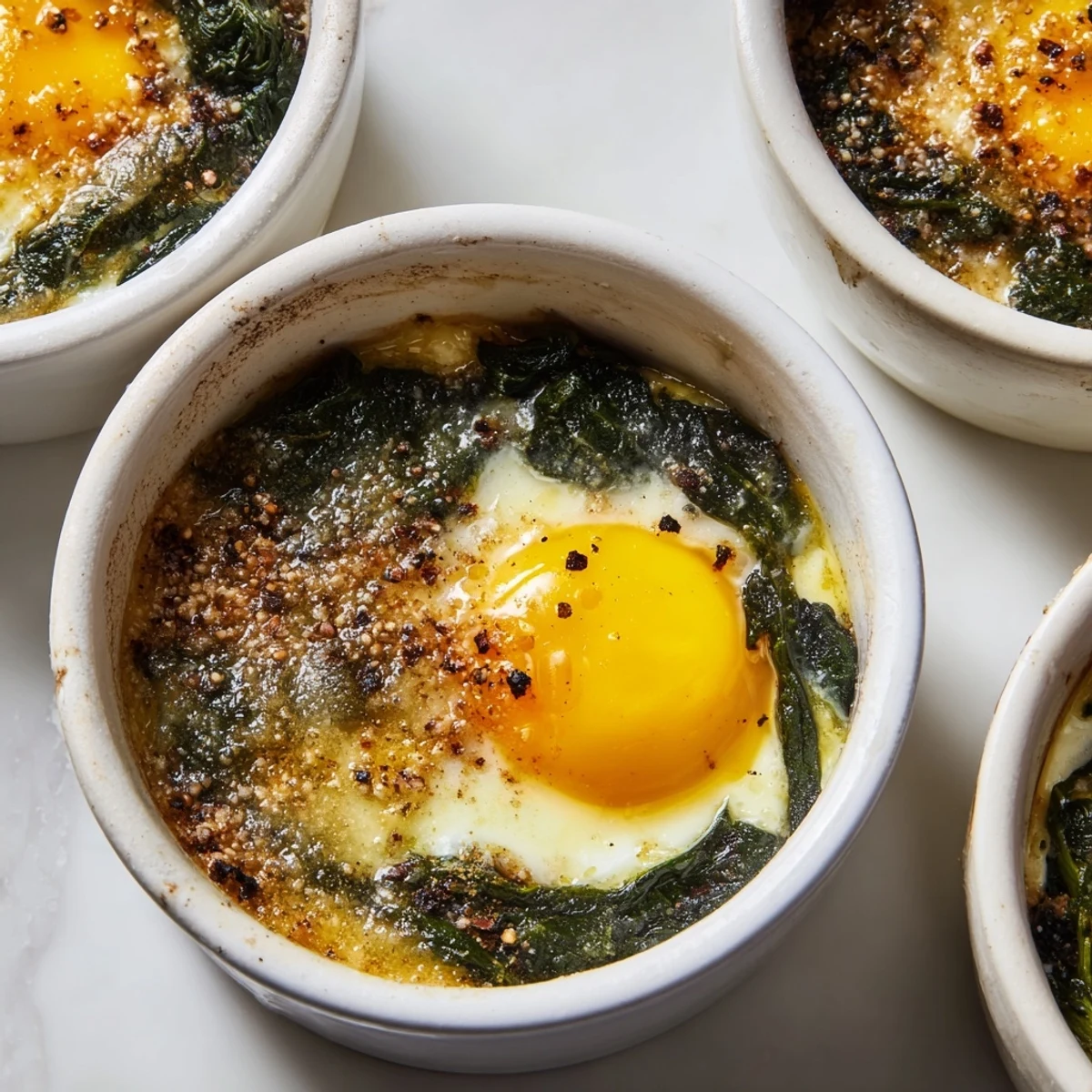 Golden baked eggs with spinach parmesan featuring runny yolks and crispy melted cheese topping
