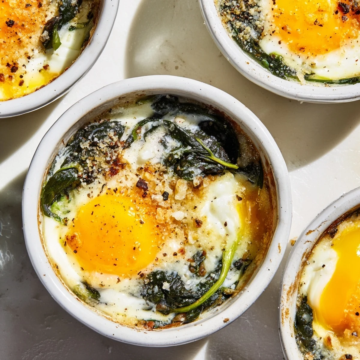 Savory baked eggs spinach parmesan breakfast with fresh spinach leaves and grated cheese topping