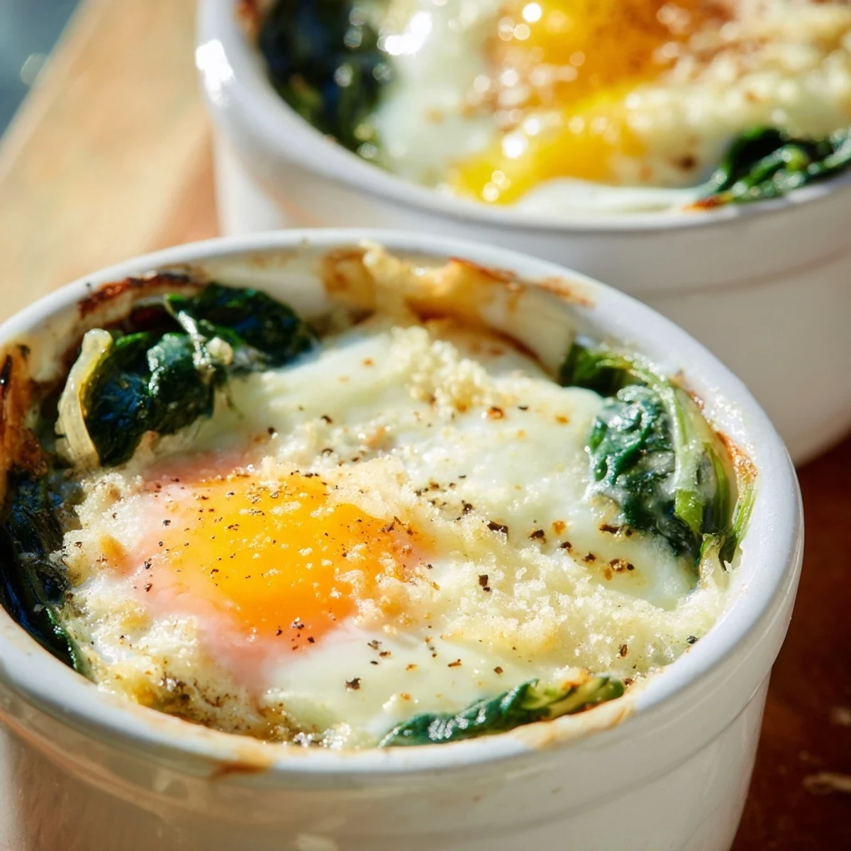 Creamy baked eggs spinach parmesan in ramekins with wilted greens and golden brown crust
