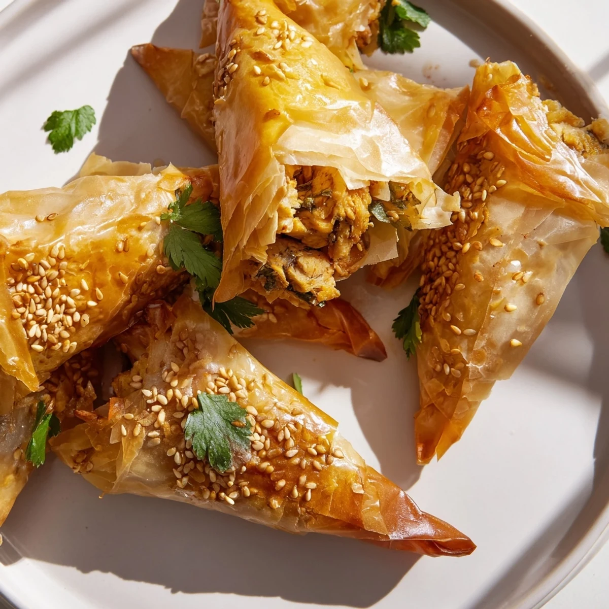 Golden brown Moroccan spiced chicken briouats arranged on a white serving platter