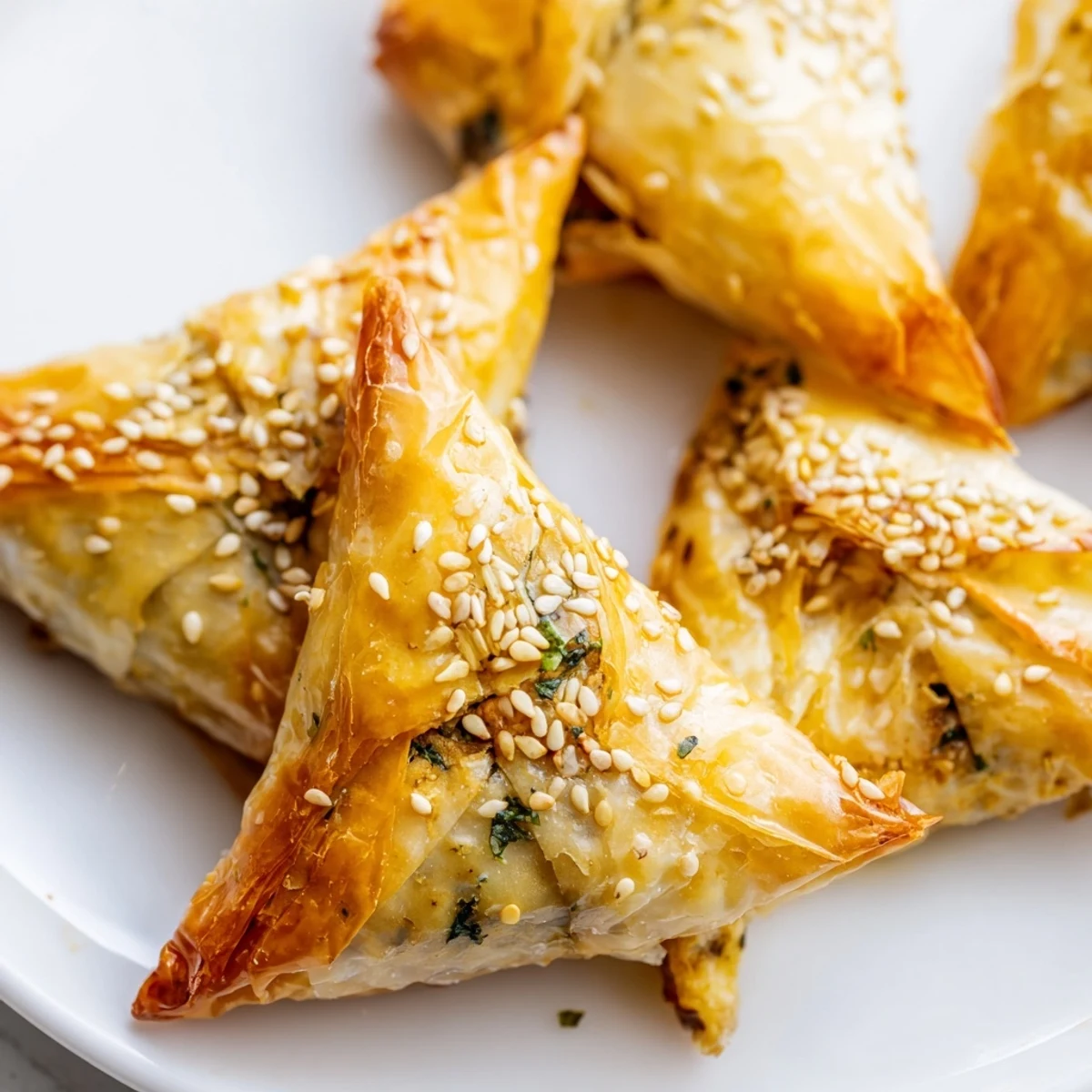 Moroccan chicken briouats with sesame seed topping served on parchment lined baking sheet