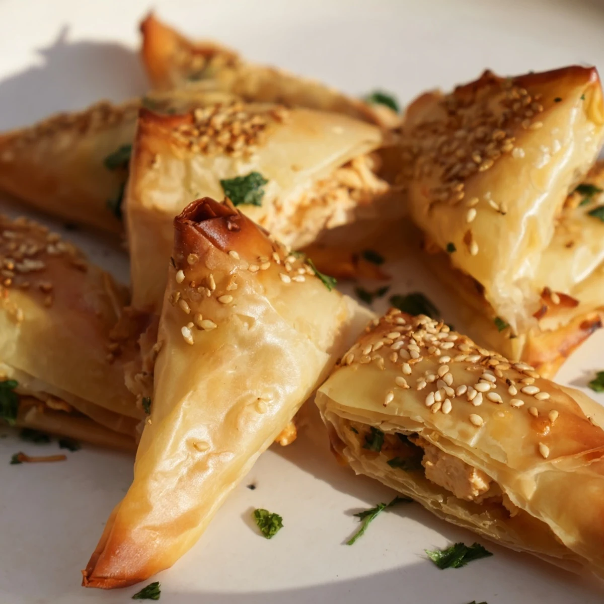 Crispy phyllo pastry triangles filled with aromatic spiced chicken and fresh herbs