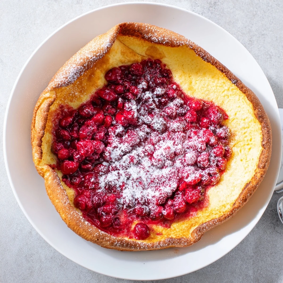 Golden Dutch Baby with cranberry compote garnished with powdered sugar on a rustic serving plate
