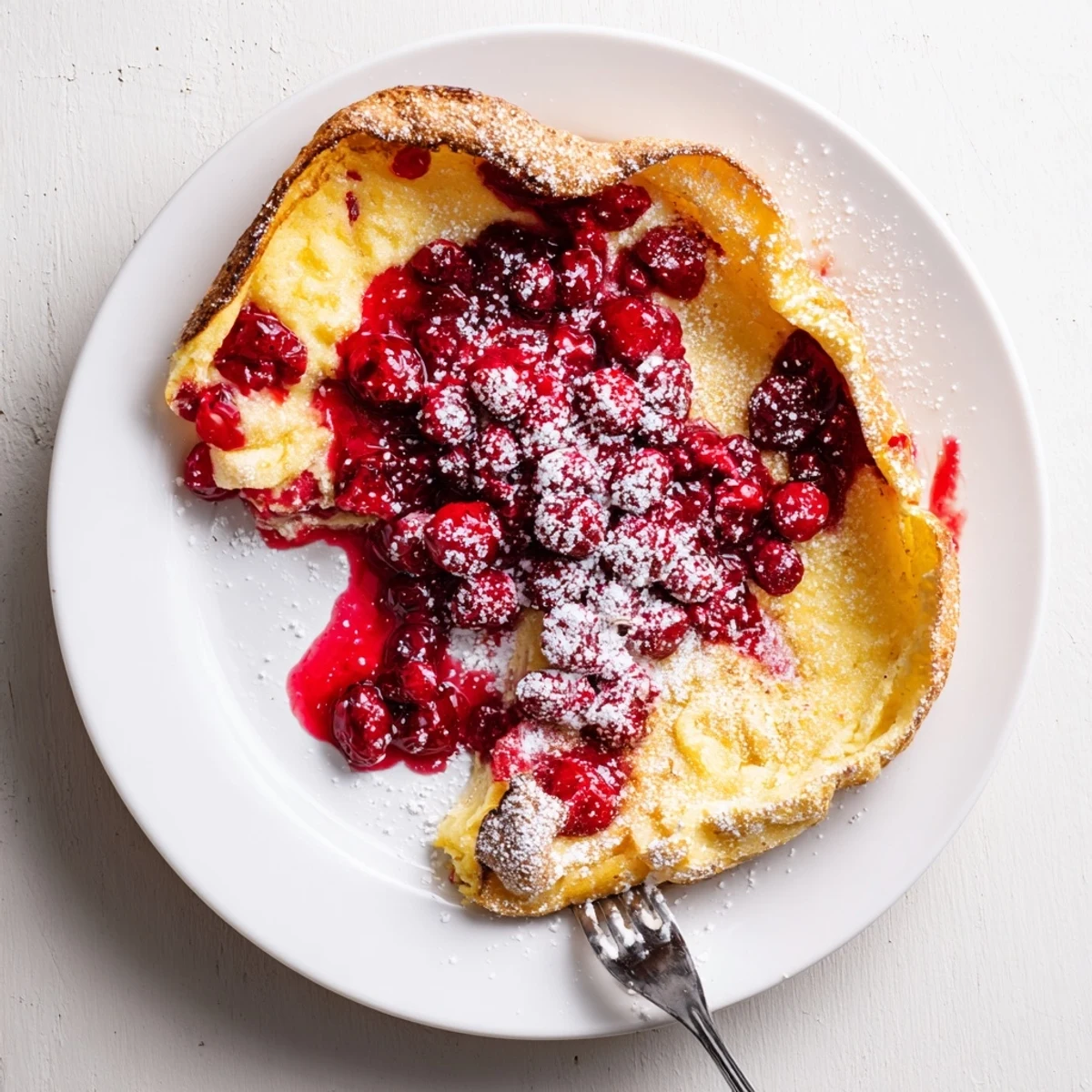 Puffed golden Dutch Baby drizzled with vibrant cranberry sauce and dusted with sweet powdered sugar