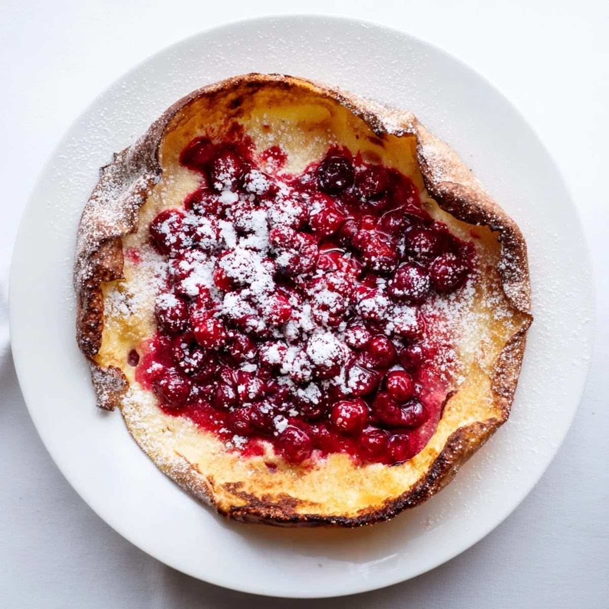 Fluffy oven-baked Dutch Baby pancake topped with tangy red cranberry compote for a cozy brunch