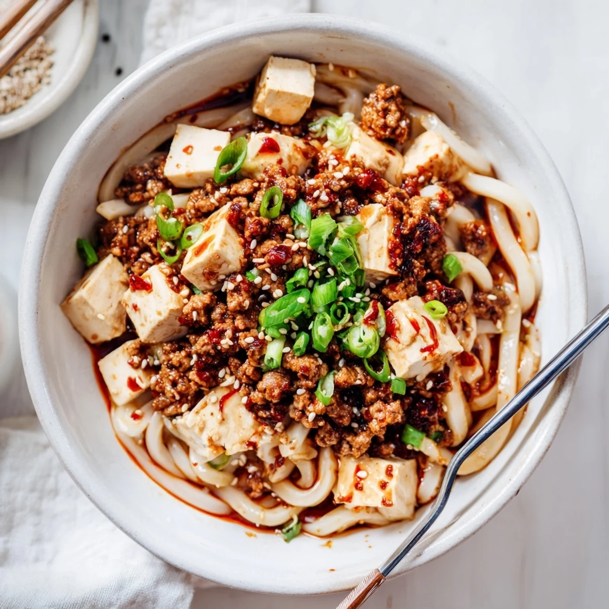Sizzling skillet of spicy mapo tofu plated alongside tender udon noodles with chili oil drizzle