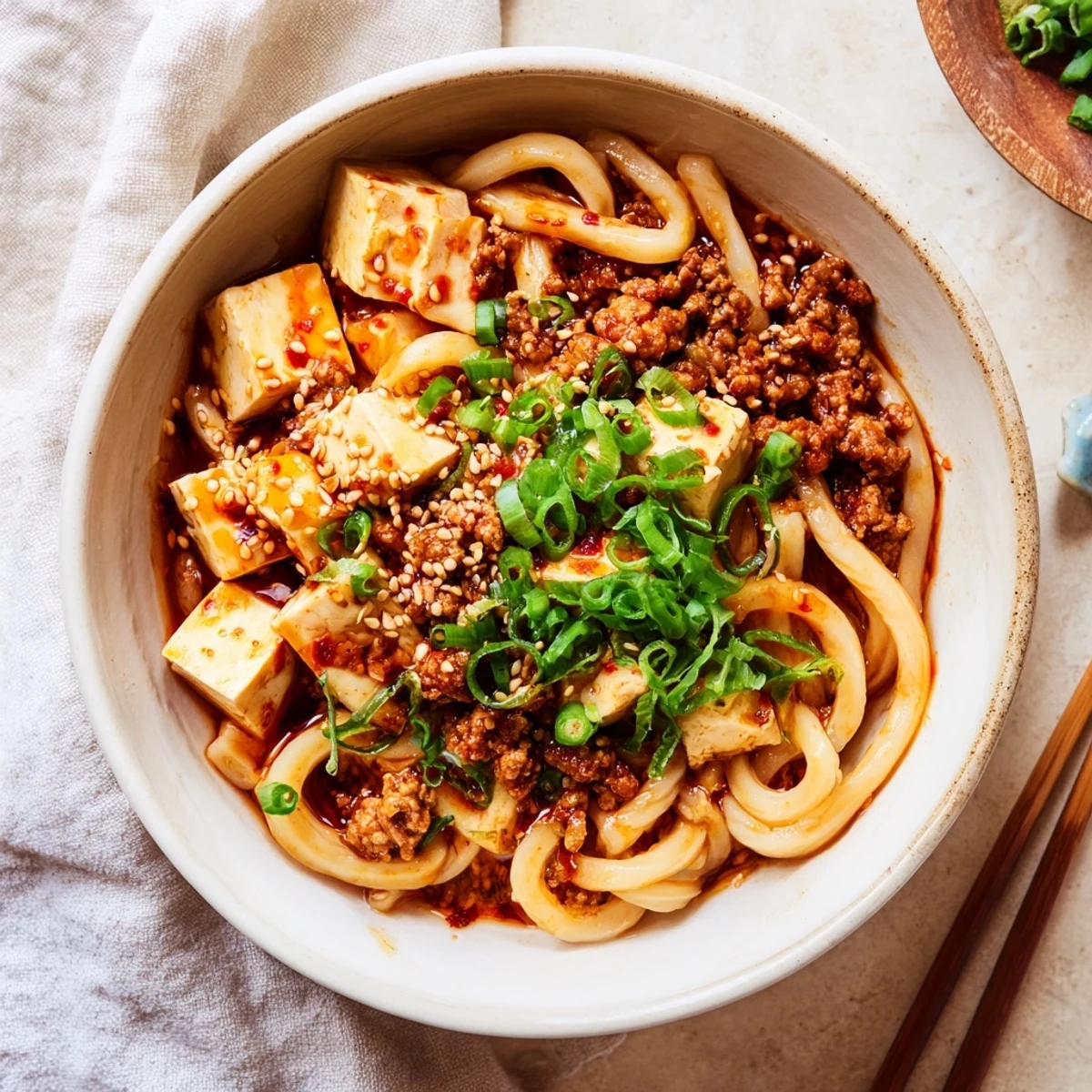 Garnished mapo tofu udon with green onions and sesame seeds served over thick wheat noodles