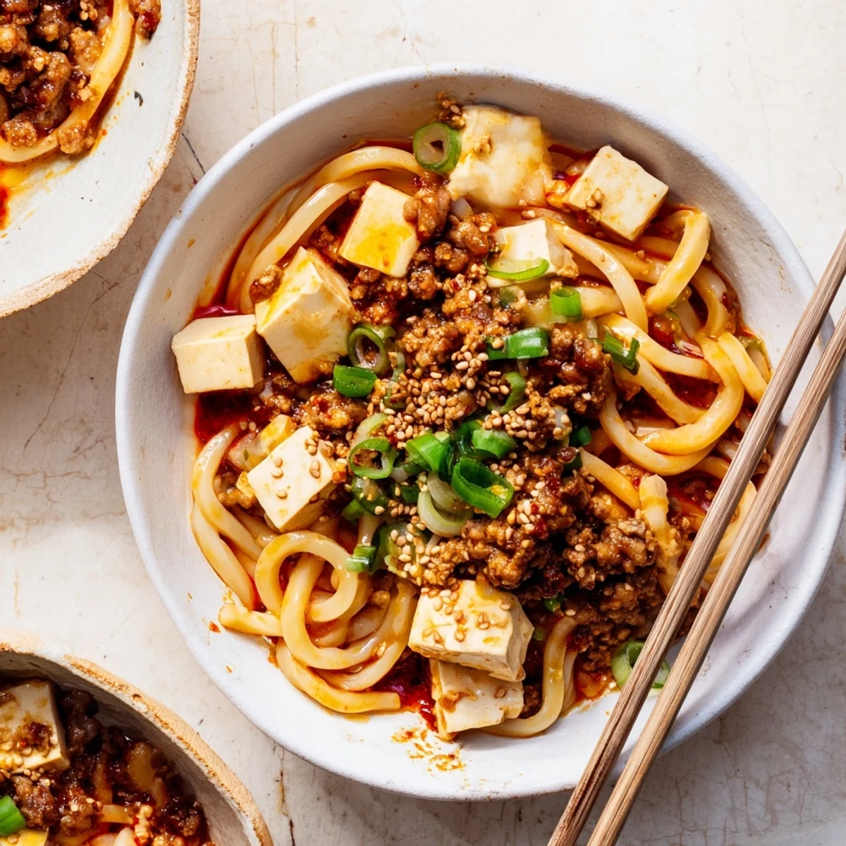 Steaming bowl of mapo tofu udon featuring silky tofu cubes and chewy noodles in spicy red sauce
