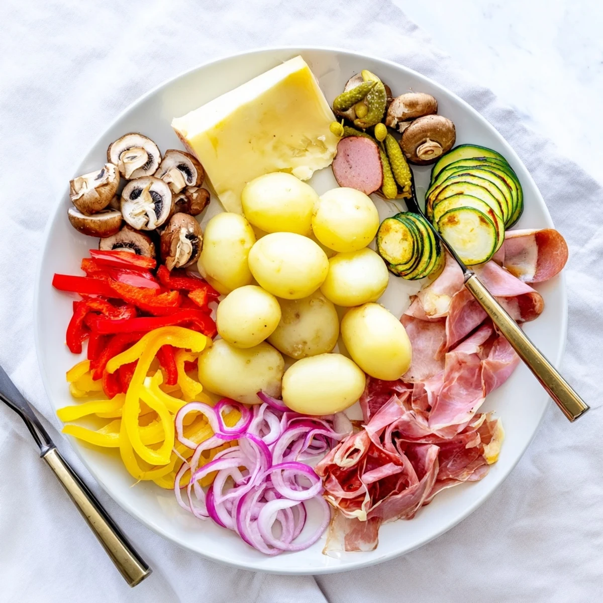 Golden melted raclette cheese scraped over warm potatoes alongside colorful grilled vegetables and cornichons on a wooden platter