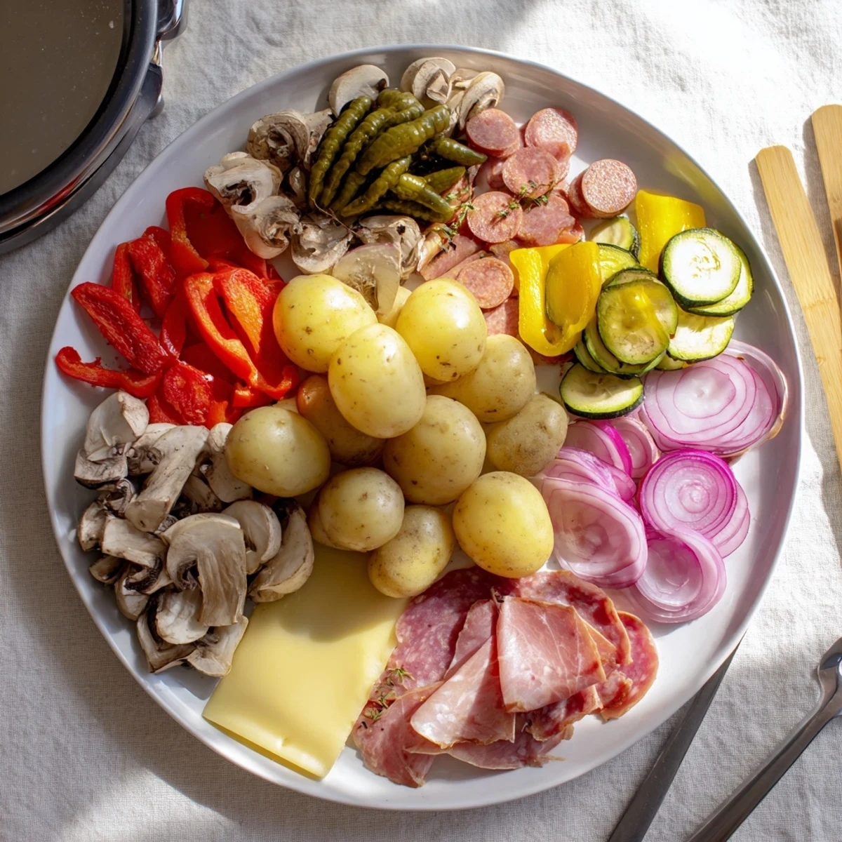 Festive raclette dinner spread featuring steaming potatoes, sliced peppers, and melted cheese scooped onto individual plates for sharing